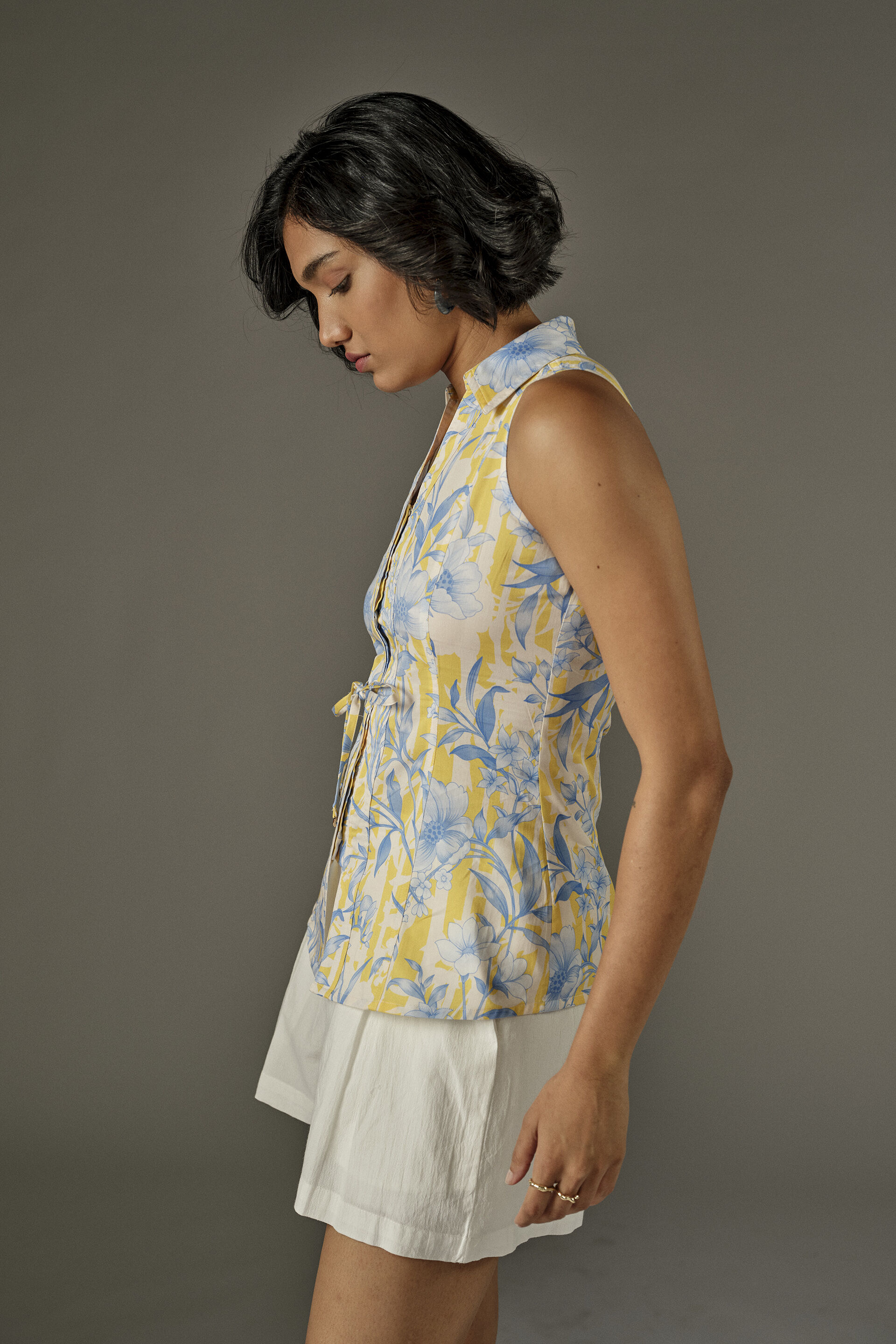 Raya Yellow Print Collared Top, Yellow, image 5